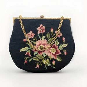 Vtg Needlepoint Black FloralHandbag Purse Kisslock Chain Cottagecore MarthaKlein